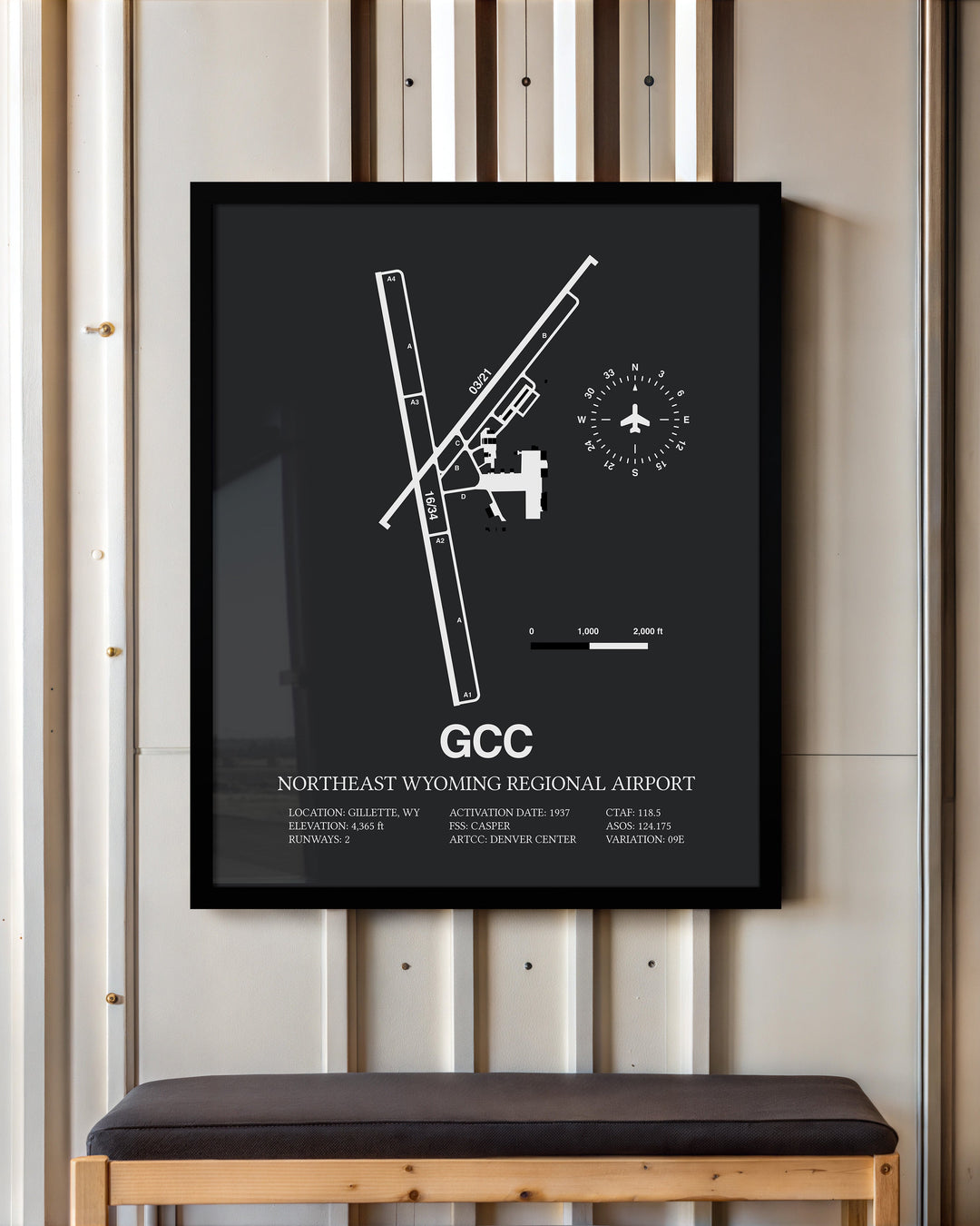 Framed Detailed Airport Map of Northeast Wyoming Regional Airport (GCC) in Gray with a Black Frame