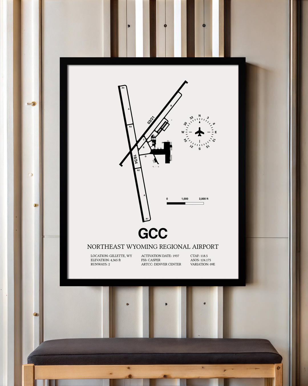 Framed Detailed Airport Map of Northeast Wyoming Regional Airport (GCC) in White with a Black Frame