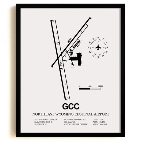 Framed Detailed Airport Map of Northeast Wyoming Regional Airport (GCC) in White with a Black Frame