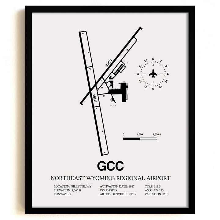 Framed Detailed Airport Map of Northeast Wyoming Regional Airport (GCC) in White with a Black Frame