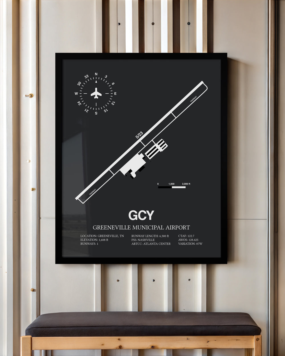 Framed Detailed Airport Map of Greeneville Municipal Airport (GCY) in Gray with a Black Frame