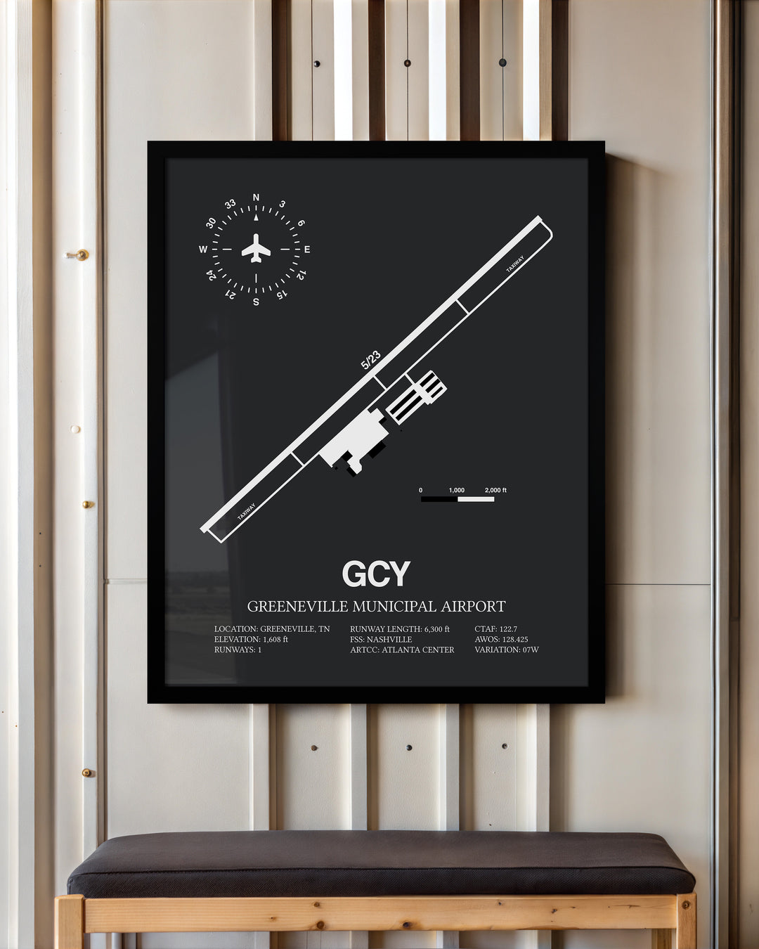 Framed Detailed Airport Map of Greeneville Municipal Airport (GCY) in Gray with a Black Frame
