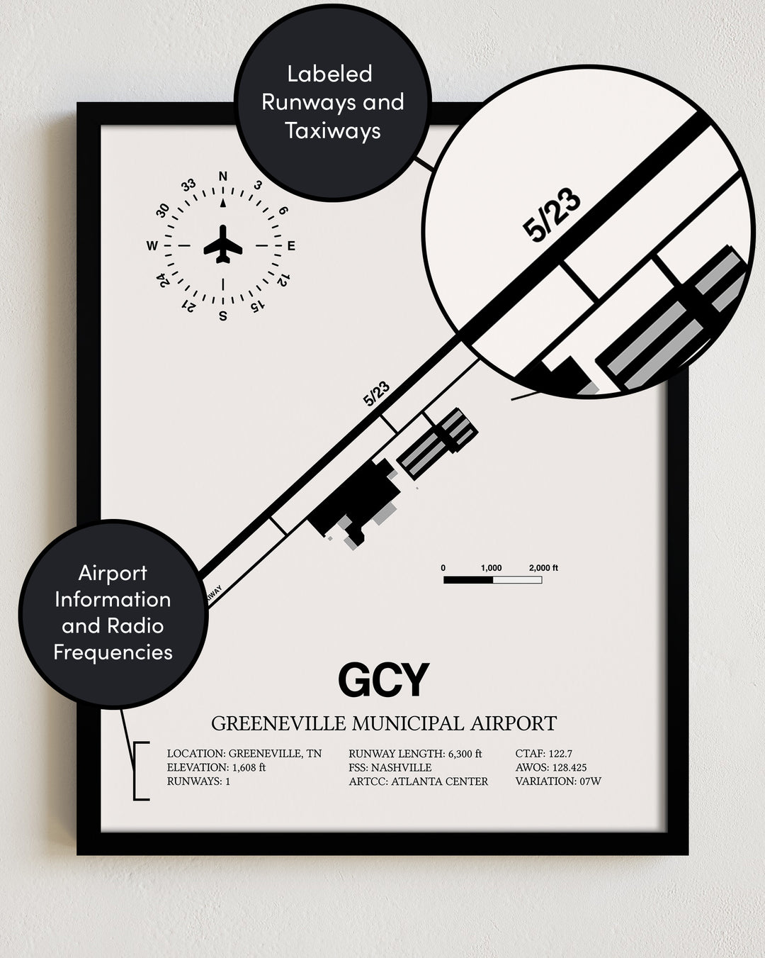 Framed Detailed Airport Map of Greeneville Municipal Airport (GCY) in White with a Black Frame