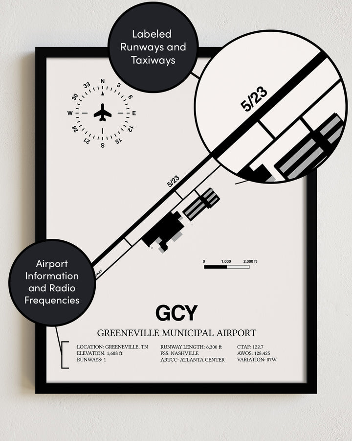 Framed Detailed Airport Map of Greeneville Municipal Airport (GCY) in White with a Black Frame