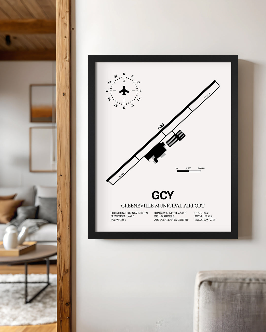 Framed Detailed Airport Map of Greeneville Municipal Airport (GCY) in White with a Black Frame