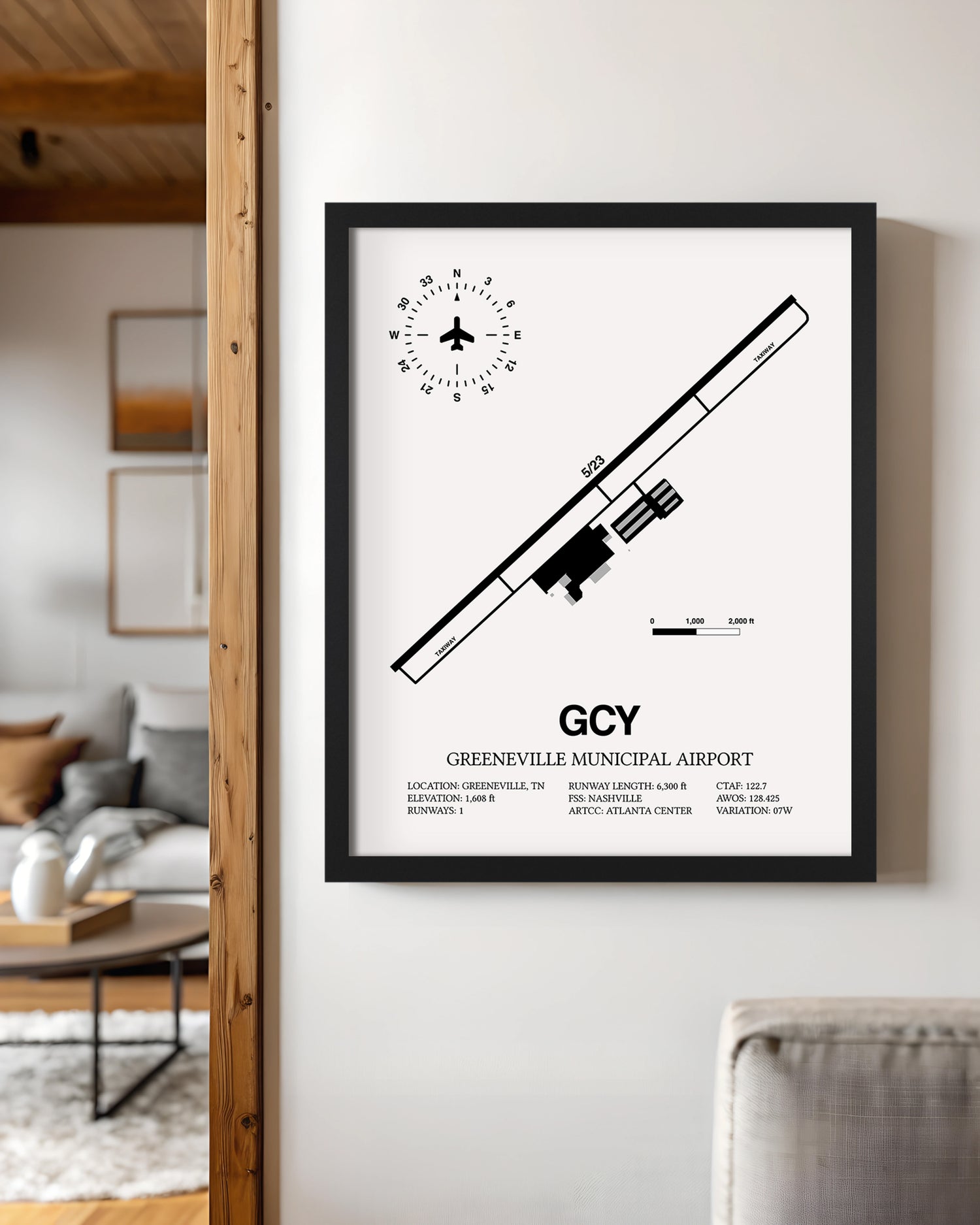 Framed Detailed Airport Map of Greeneville Municipal Airport (GCY) in White with a Black Frame