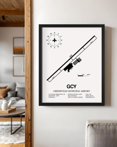 Framed Detailed Airport Map of Greeneville Municipal Airport (GCY) in White with a Black Frame