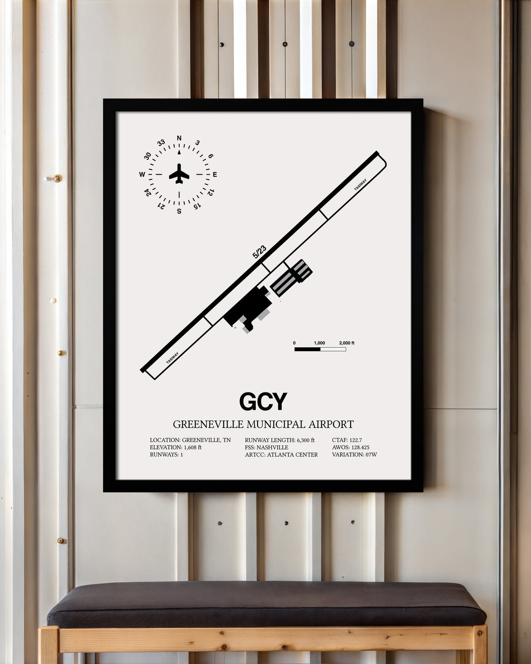 Framed Detailed Airport Map of Greeneville Municipal Airport (GCY) in White with a Black Frame