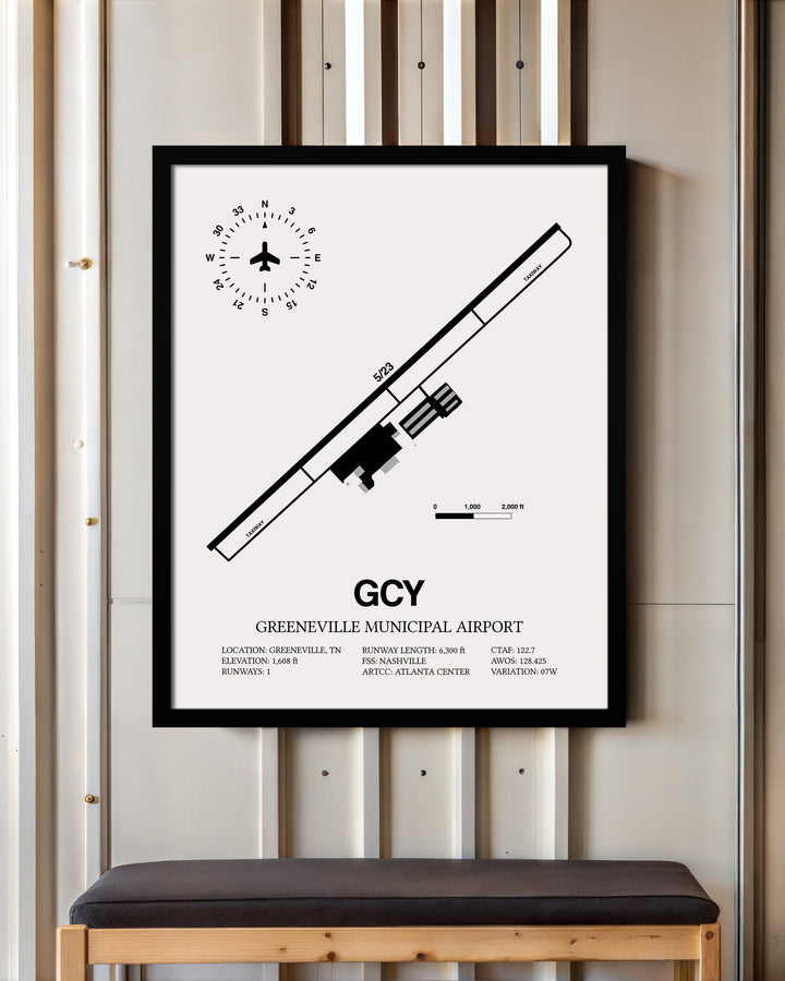 Framed Detailed Airport Map of Greeneville Municipal Airport (GCY) in White with a Black Frame