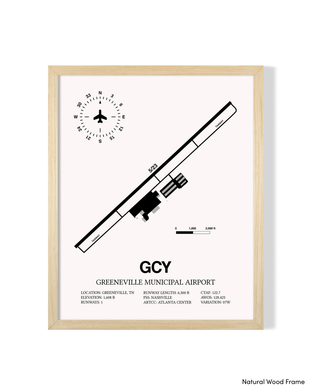Detailed Airport Map of Greeneville Municipal Airport (GCY) in White with a Natural Frame