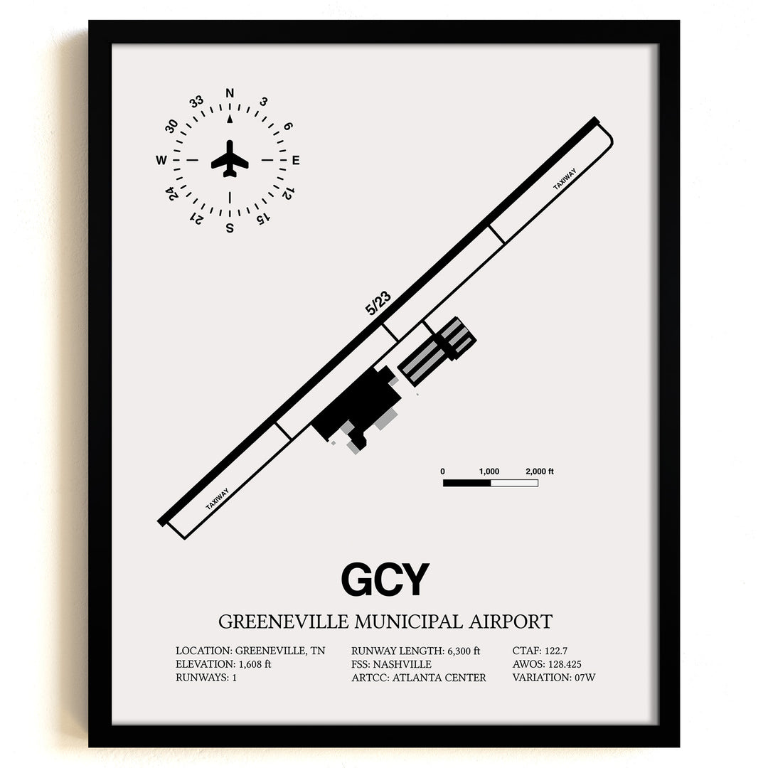 Framed Detailed Airport Map of Greeneville Municipal Airport (GCY) in White with a Black Frame