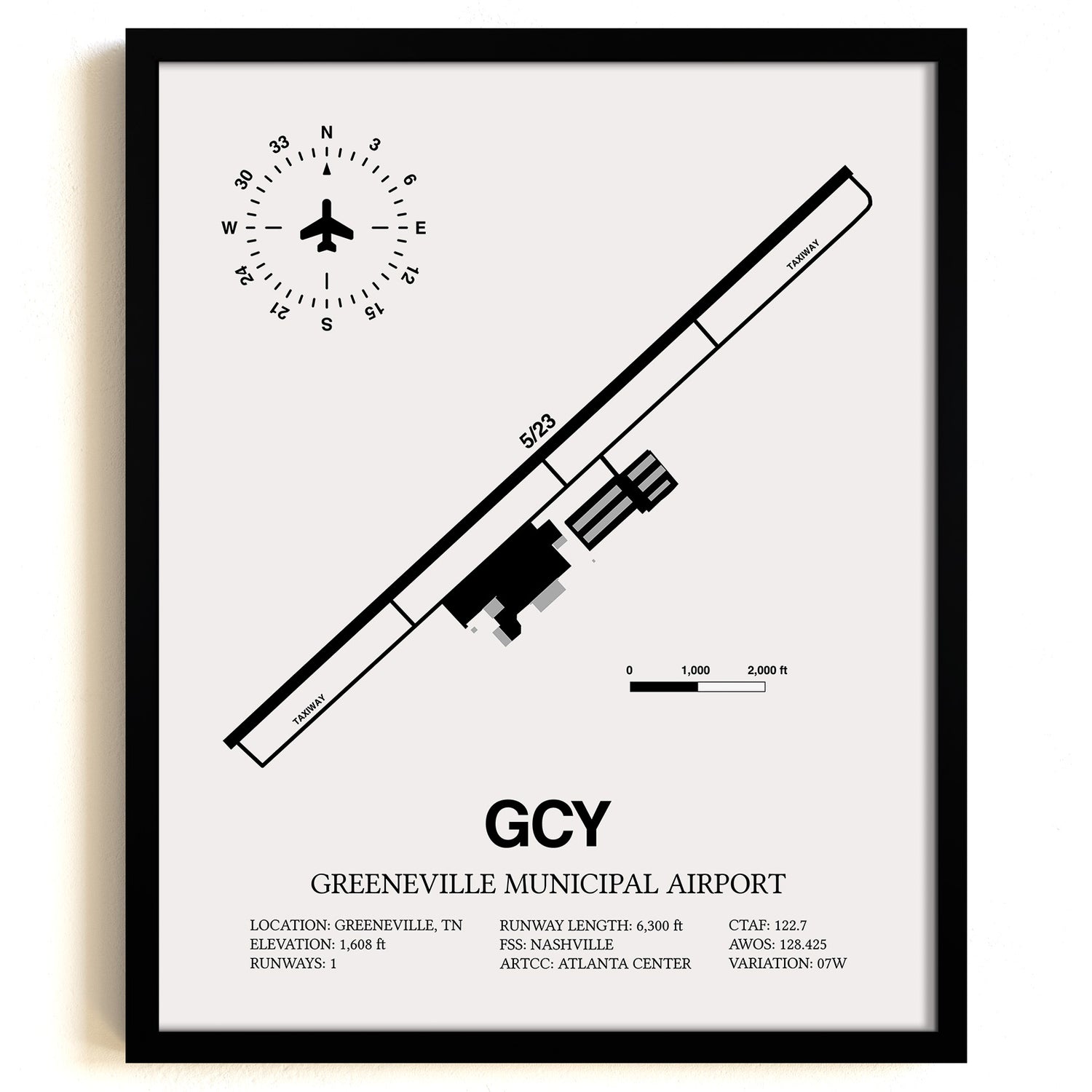 Framed Detailed Airport Map of Greeneville Municipal Airport (GCY) in White with a Black Frame