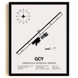Framed Detailed Airport Map of Greeneville Municipal Airport (GCY) in White with a Black Frame