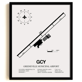 Framed Detailed Airport Map of Greeneville Municipal Airport (GCY) in White with a Black Frame