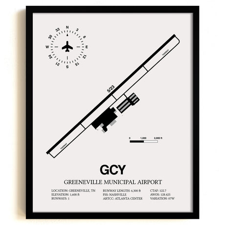 Framed Detailed Airport Map of Greeneville Municipal Airport (GCY) in White with a Black Frame