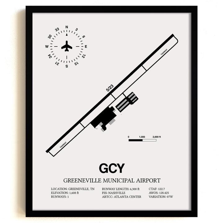 Framed Detailed Airport Map of Greeneville Municipal Airport (GCY) in White with a Black Frame