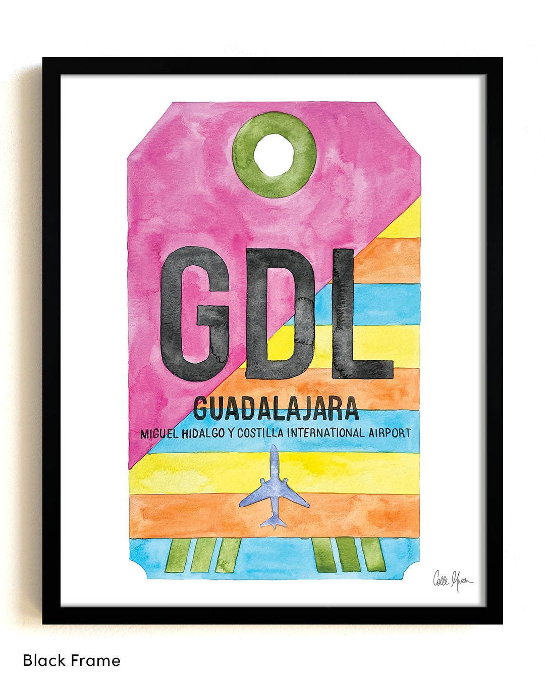 Framed Watercolor Print of Guadalajara International Airport (GDL) with a Black Frame