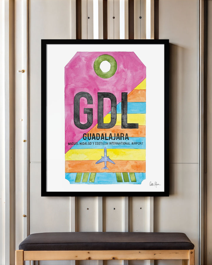 Framed Watercolor Print of Guadalajara International Airport (GDL) with a Black Frame