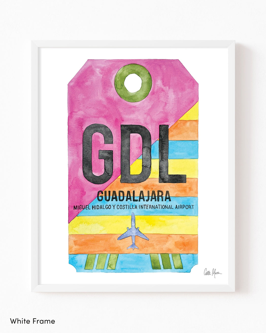 Framed Watercolor Print of Guadalajara International Airport (GDL) with a White Frame