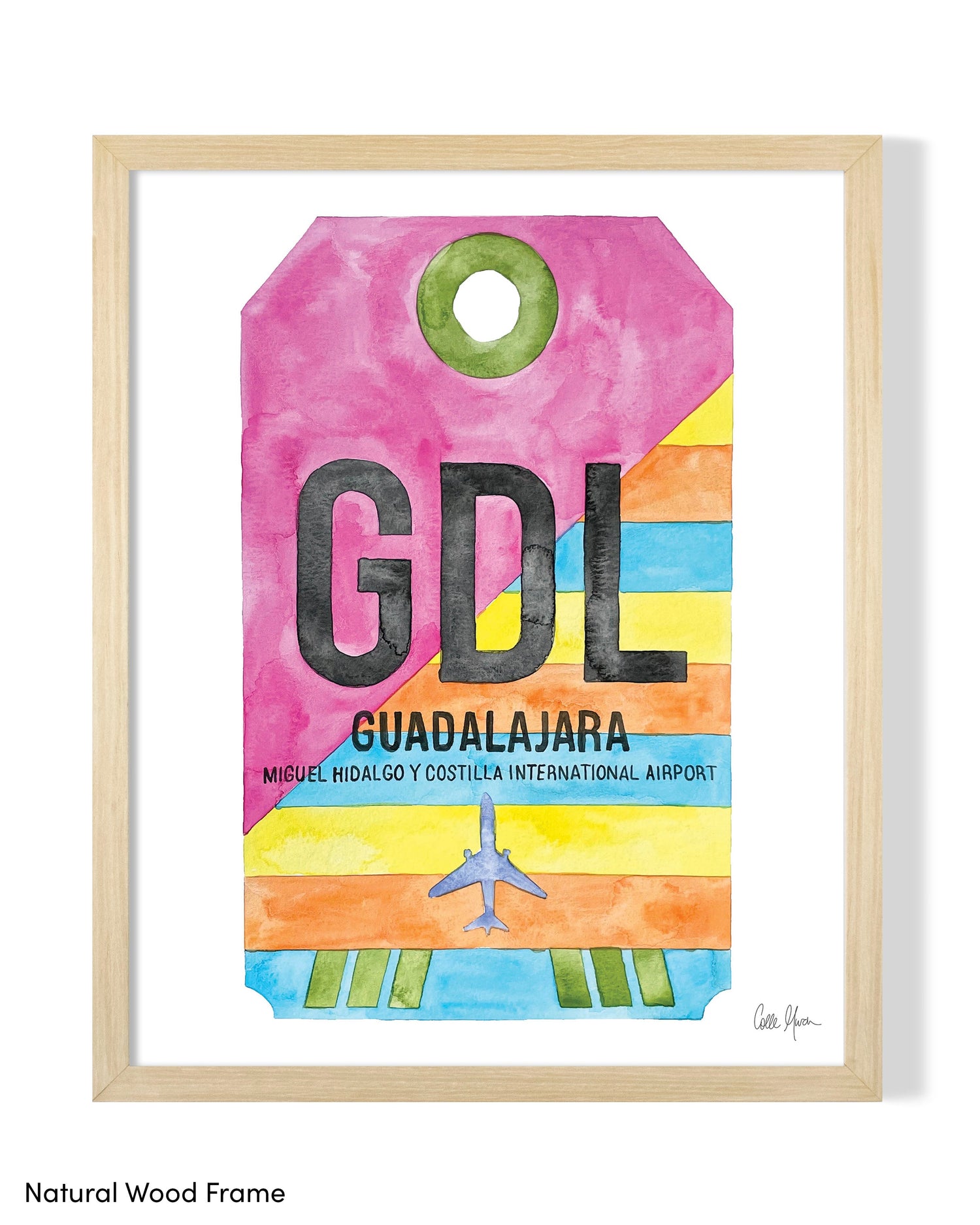 Framed Watercolor Print of Guadalajara International Airport (GDL) with a Natural Wood Frame
