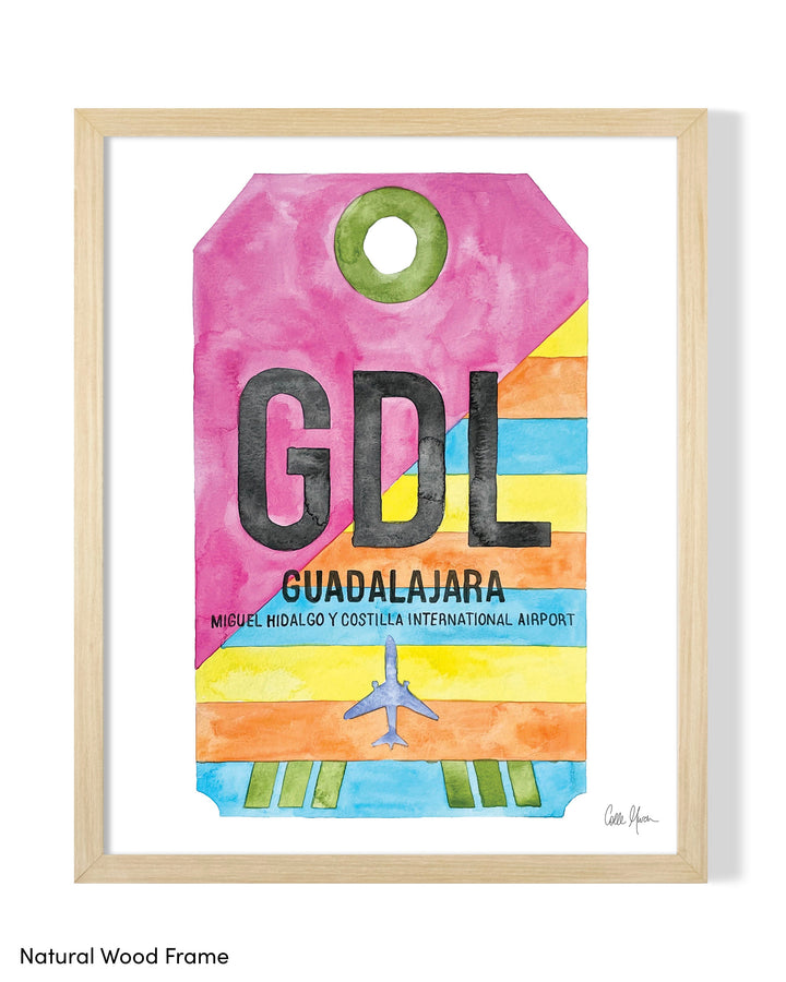 Framed Watercolor Print of Guadalajara International Airport (GDL) with a Natural Wood Frame