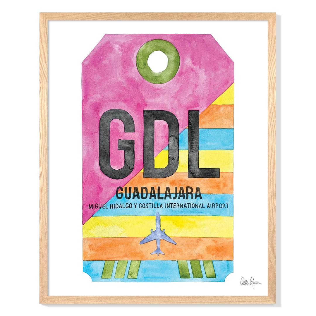 Framed Watercolor Print of Guadalajara International Airport (GDL) with an Oak Frame
