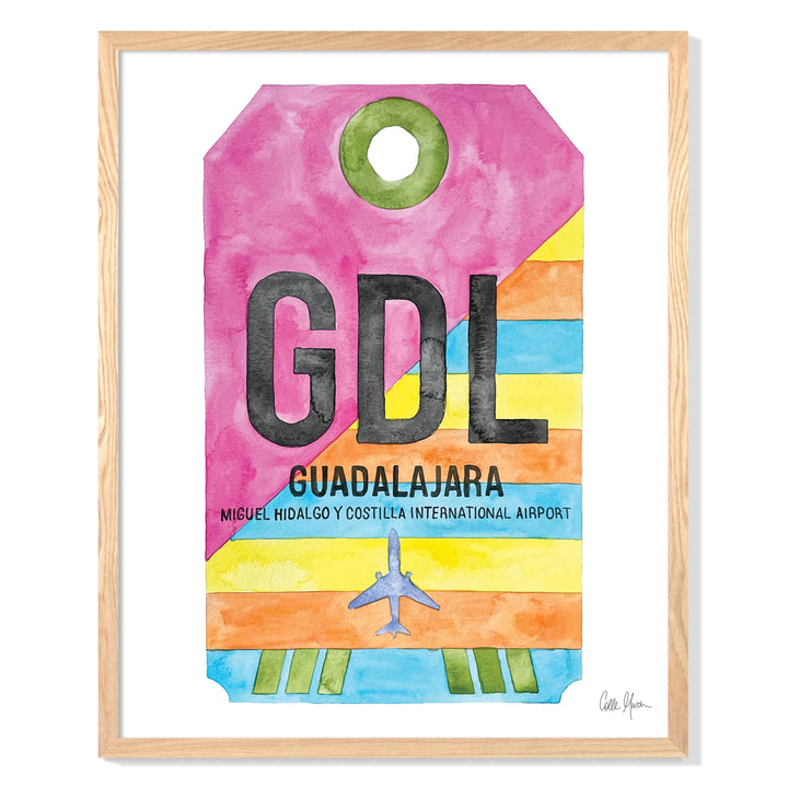 Framed Watercolor Print of Guadalajara International Airport (GDL) with an Oak Frame