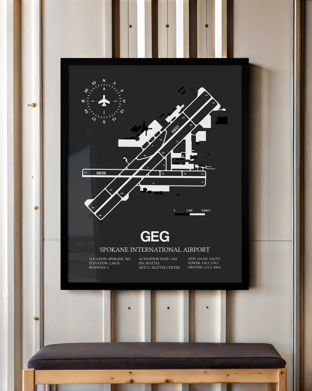 Framed Detailed Airport Map of Spokane International Airport (GEG) in Gray with a Black Frame