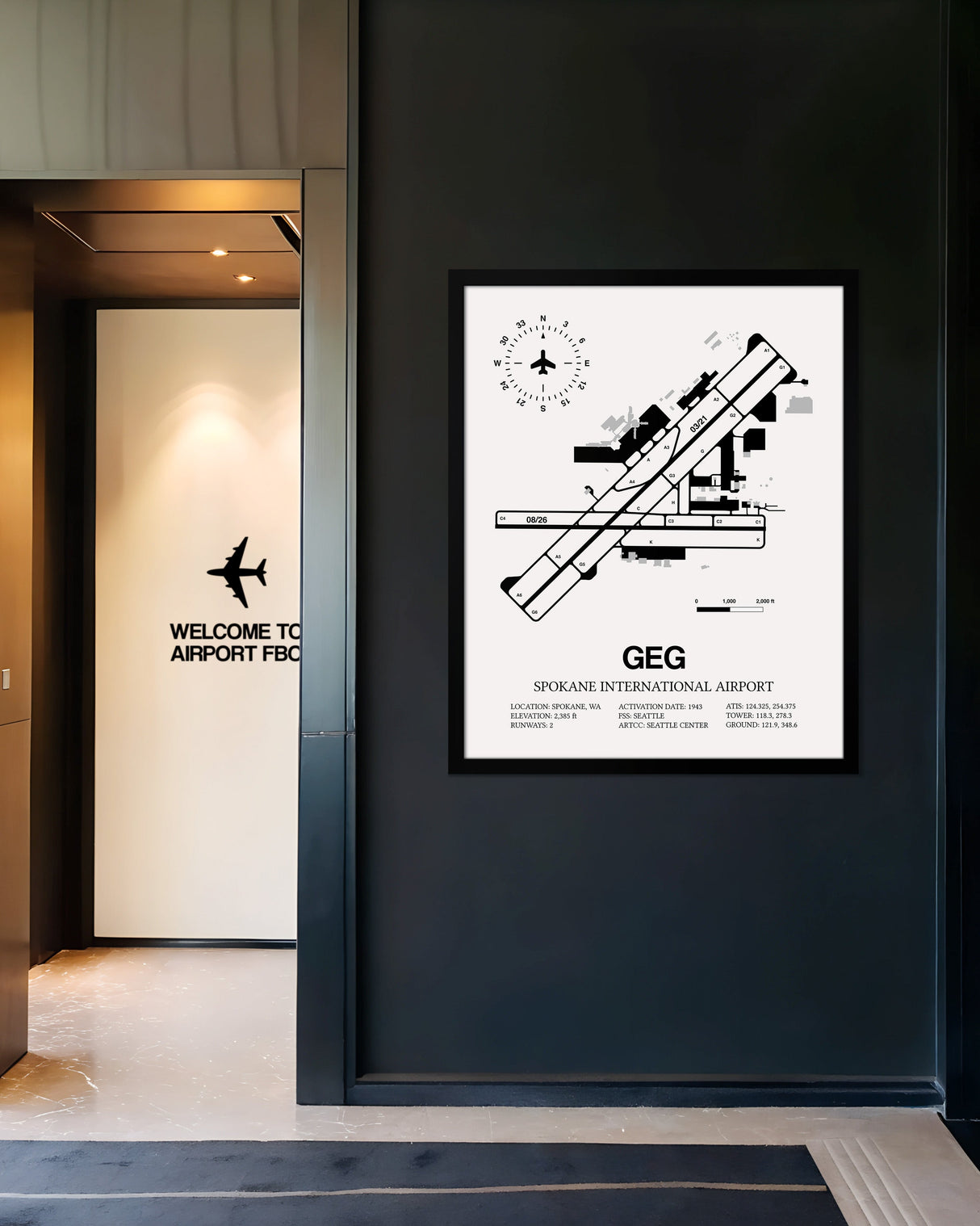 Framed Detailed Airport Map of Spokane International Airport (GEG) in White with a Black Frame
