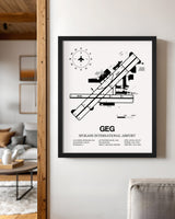Framed Detailed Airport Map of Spokane International Airport (GEG) in White with a Black Frame