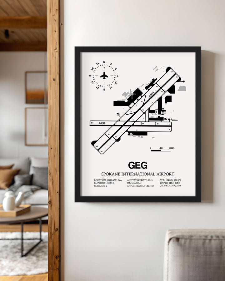 Framed Detailed Airport Map of Spokane International Airport (GEG) in White with a Black Frame