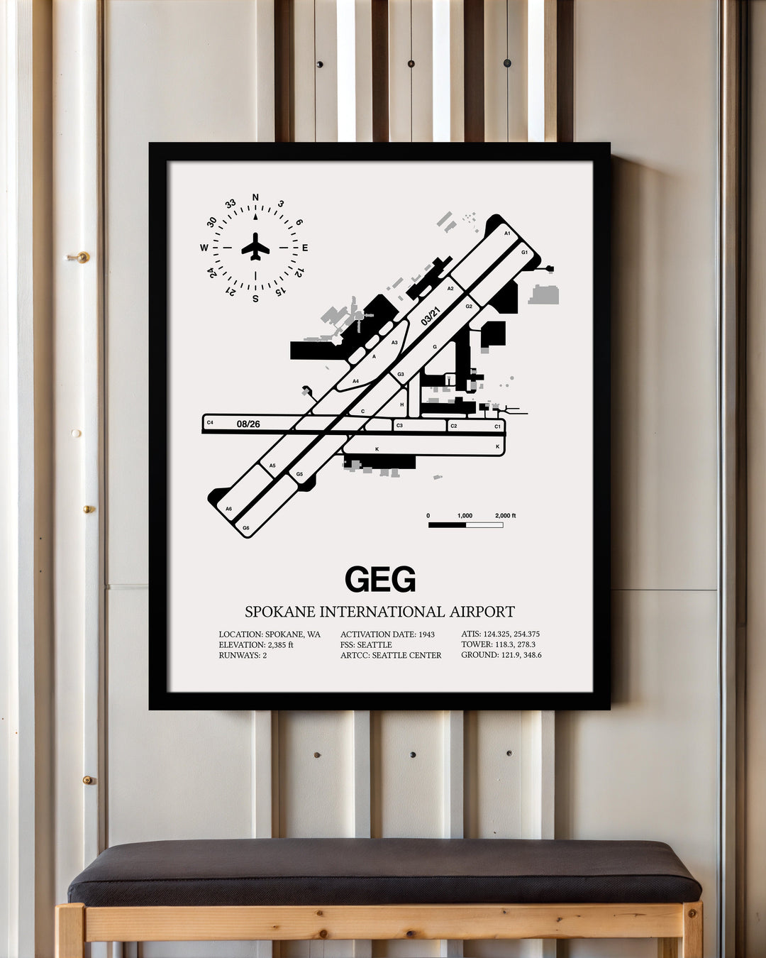 Framed Detailed Airport Map of Spokane International Airport (GEG) in White with a Black Frame