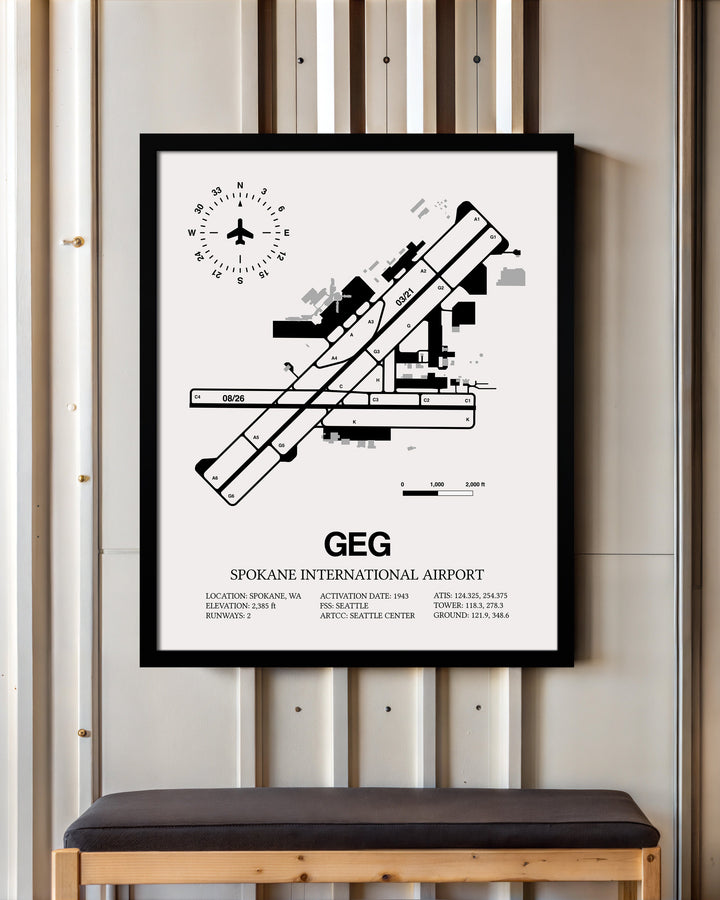 Framed Detailed Airport Map of Spokane International Airport (GEG) in White with a Black Frame