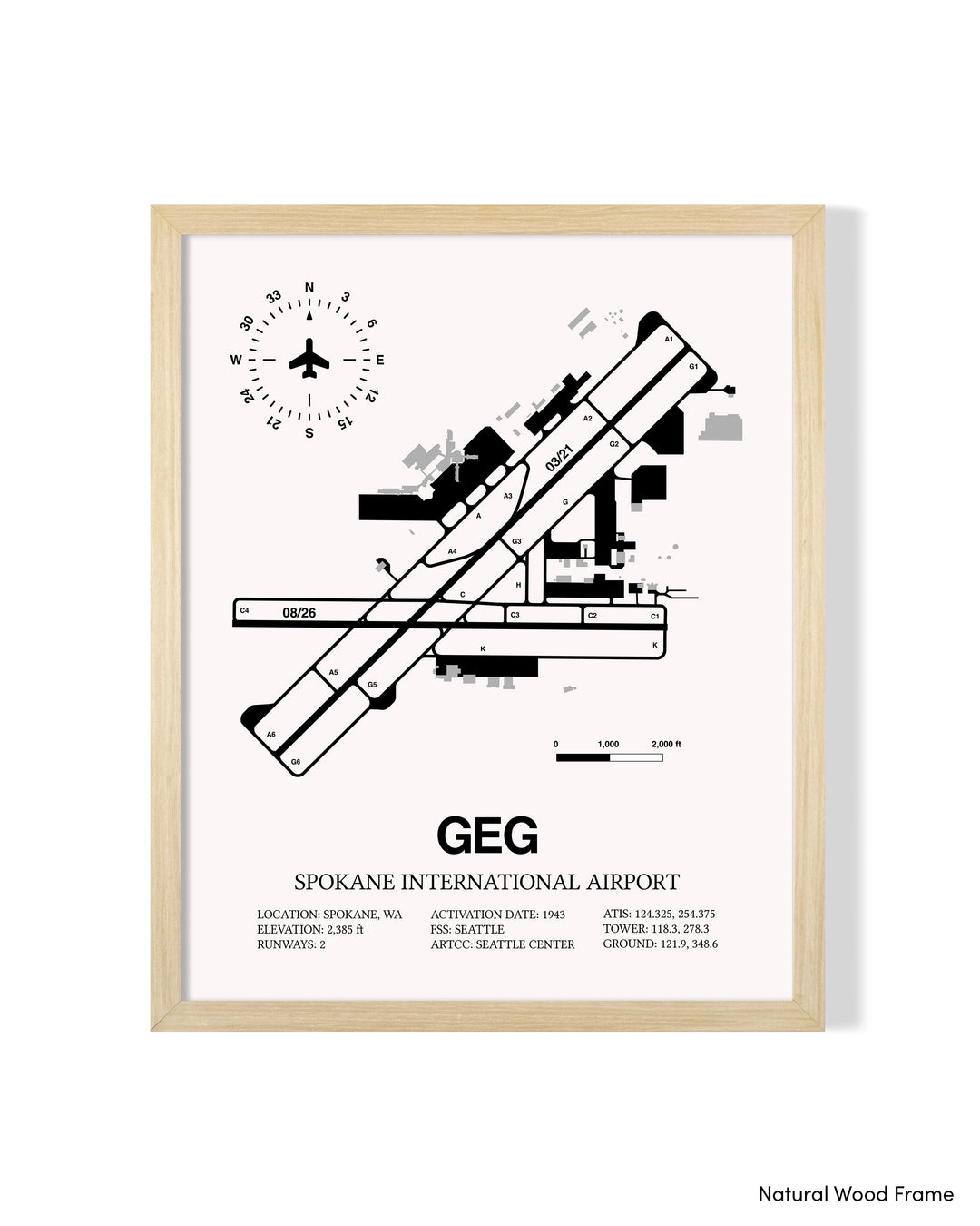 Detailed Airport Map of Spokane International Airport (GEG) in White with a Natural Frame