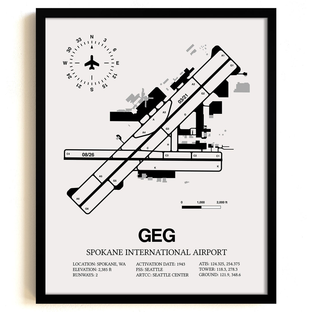 Framed Detailed Airport Map of Spokane International Airport (GEG) in White with a Black Frame