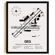 Framed Detailed Airport Map of Spokane International Airport (GEG) in White with a Black Frame