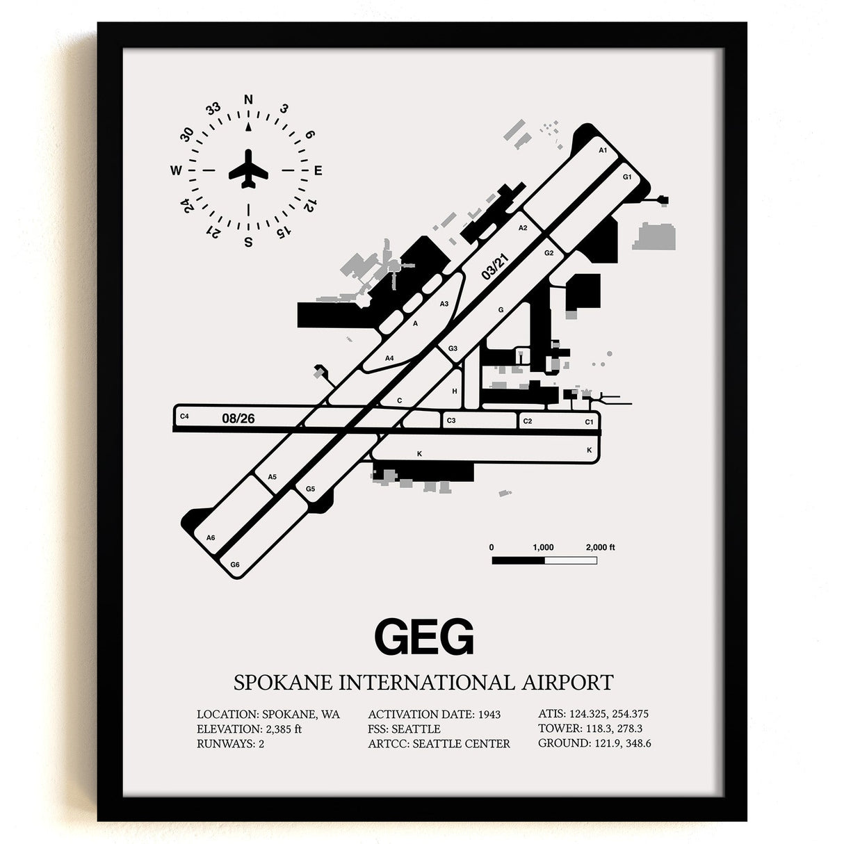 Framed Detailed Airport Map of Spokane International Airport (GEG) in White with a Black Frame