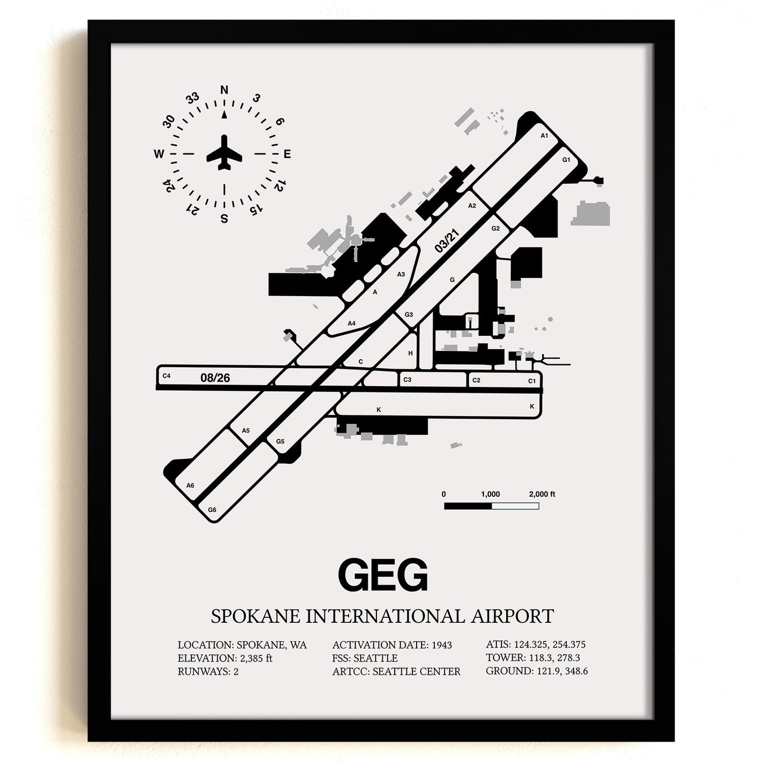 Framed Detailed Airport Map of Spokane International Airport (GEG) in White with a Black Frame