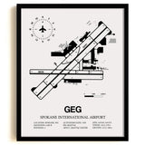 Framed Detailed Airport Map of Spokane International Airport (GEG) in White with a Black Frame