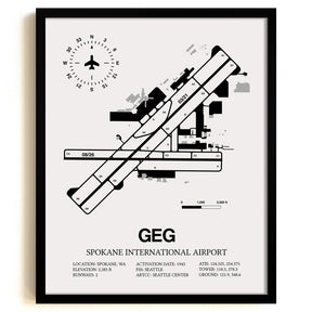 Framed Detailed Airport Map of Spokane International Airport (GEG) in White with a Black Frame