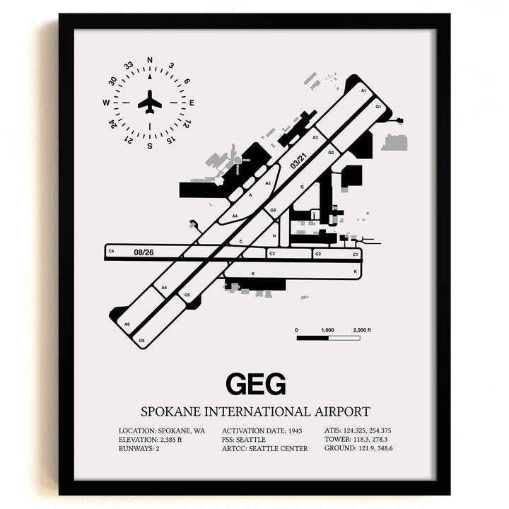 Framed Detailed Airport Map of Spokane International Airport (GEG) in White with a Black Frame
