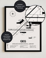 Framed Detailed Airport Map of Spokane International Airport (GEG) in White with a Black Frame