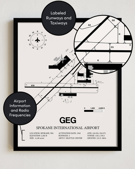 Framed Detailed Airport Map of Spokane International Airport (GEG) in White with a Black Frame
