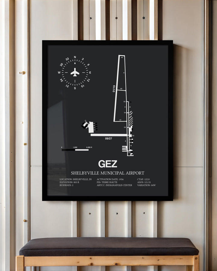 Framed Detailed Airport Map of Shelbyville Municipal Airport (GEZ) in Gray with a Black Frame