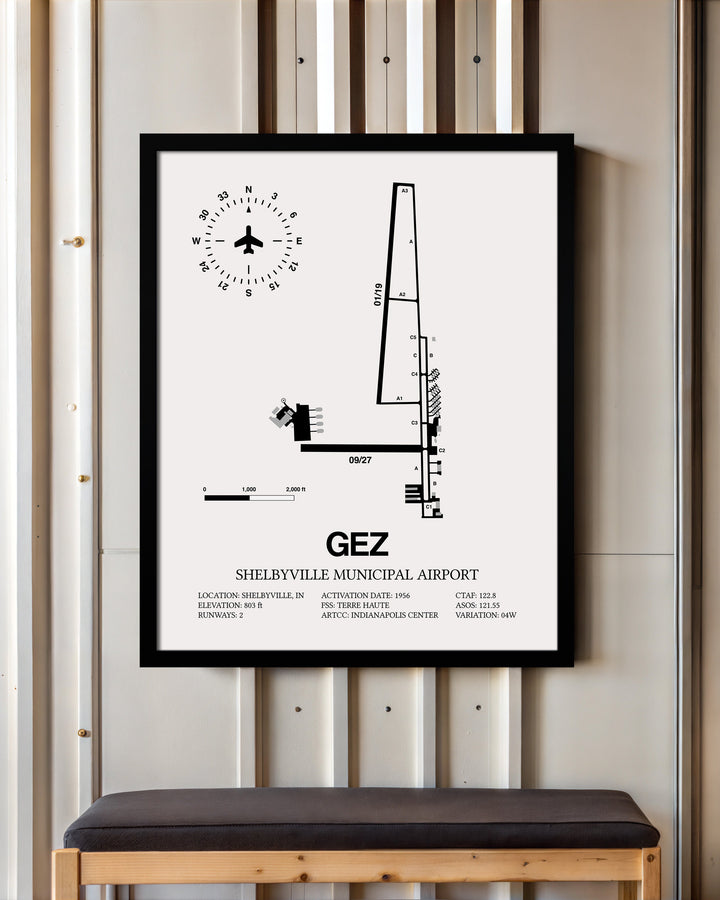 Framed Detailed Airport Map of Shelbyville Municipal Airport (GEZ) in White with a Black Frame