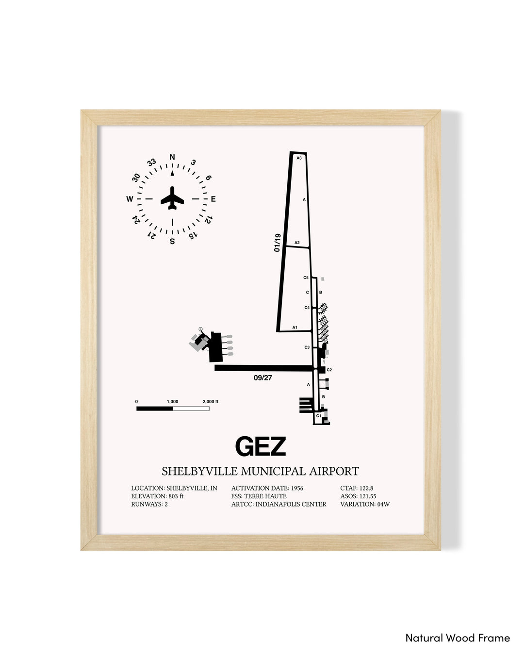 Detailed Airport Map of Shelbyville Municipal Airport (GEZ) in White with a Natural Frame