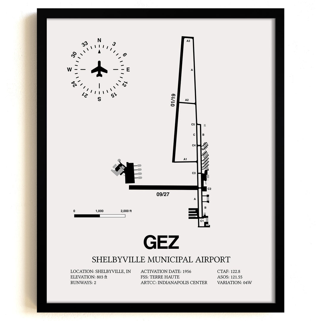 Framed Detailed Airport Map of Shelbyville Municipal Airport (GEZ) in White with a Black Frame