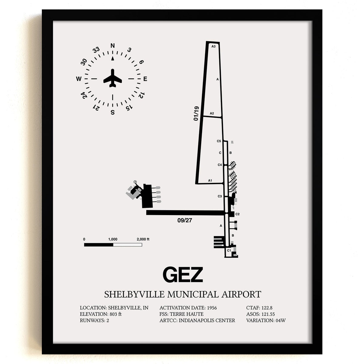 Framed Detailed Airport Map of Shelbyville Municipal Airport (GEZ) in White with a Black Frame
