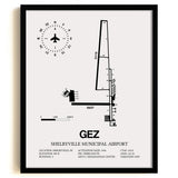 Framed Detailed Airport Map of Shelbyville Municipal Airport (GEZ) in White with a Black Frame