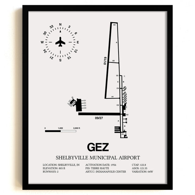 Framed Detailed Airport Map of Shelbyville Municipal Airport (GEZ) in White with a Black Frame